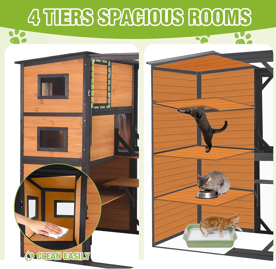 MEDEHOO 77" Large Catio Cat Enclosure for Outdoor, Weatherproof Window Catio with Roof, with 4 Resting Platforms, Indestructible Feral Cat Shelter for Backyard