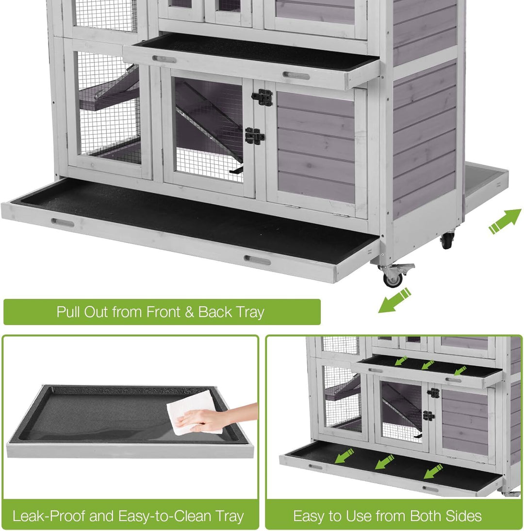 MEDEHOO Rabbit Hutch Indoor and Outdoor Bunny Cage with Wheels Hamster House Guinea Pig Cages for Small to Medium Animals Waterproof Leakproof Tray Grey AIR06-C-MC-WM