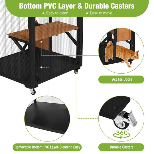 MEDEHOO Catio Outdoor Cat Enclosure on Wheels - Outside Kitty House with Upgraded Resting Box, PVC Layer, and Waterproof Roof - 71.9"