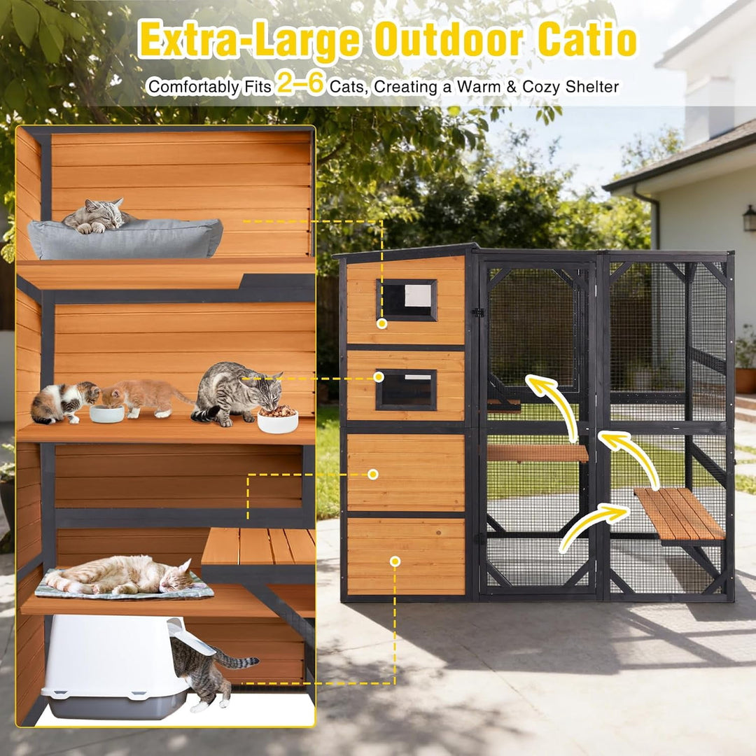 Large Catio Cat Enclosure Window for Outdoor Cats, Weatherproof Cat House with Roof, Resting Platforms &amp; Windows, Indestructible Feral Cat Shelter for Backyard - Black and Brown
