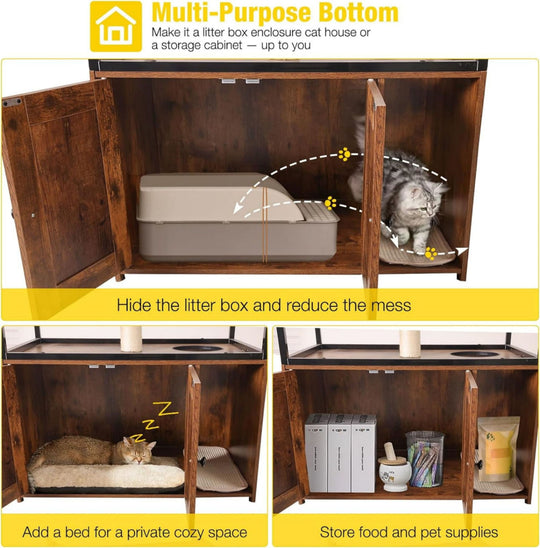 MEDEHOO Cat Litter Box Enclosure, Litter Box Furniture Hidden, Wooden Cat Washroom Furniture, Indoor Cat House with Condo, Hammock, Scratching Mat and Storage Shelves