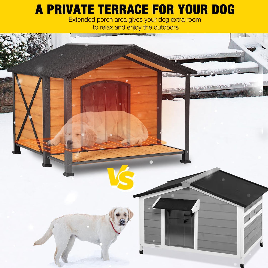 MEDEHOO Heated Outdoor Dog House - Weatherproof Insulated Wooden Shelter with Iron Frame, Large Porch for Medium &amp; Large Dogs, Indoor/Outdoor Kennel(XL)