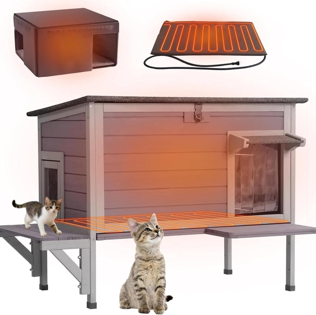 MEDEHOO Heated Outdoor Cat House with Insulated Liner, Weatherproof Winter Shelter with Detachable Heating Pad for Feral Cats and Kittens