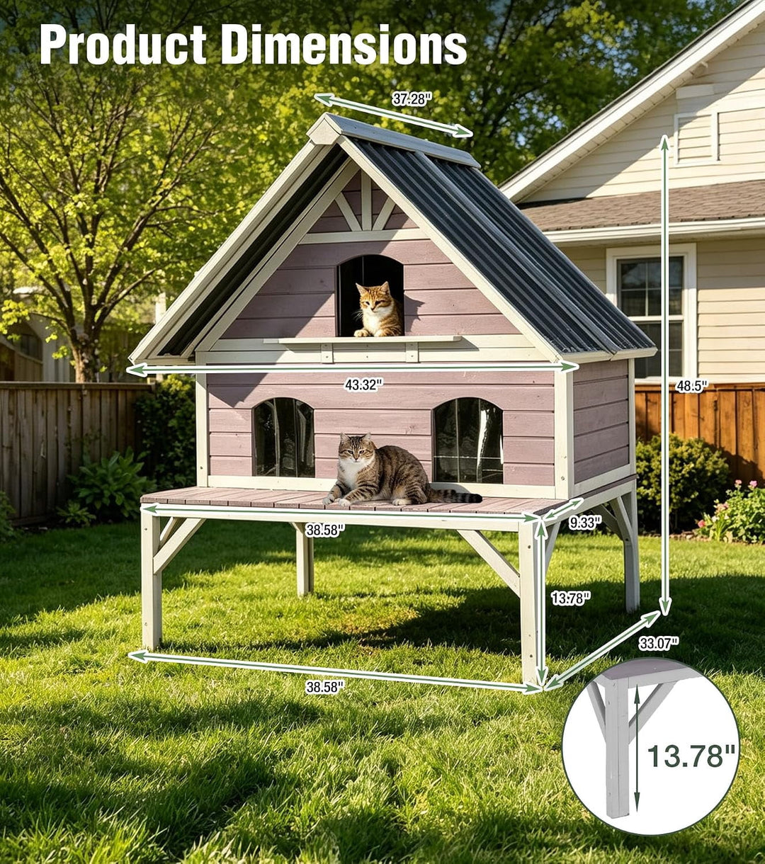 MEDEHOO Outdoor Cat House Weatherproof Large Feral Cat Shelter with 2-Layer, Wooden Cat Condo with Balcony, Escape Doors and Openable Back Door for Multiple Cats Indoor