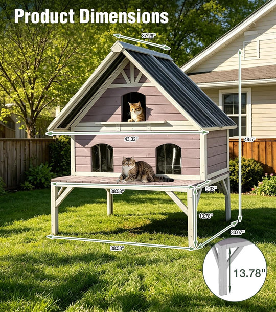 MEDEHOO Outdoor Cat House Weatherproof Large Feral Cat Shelter with 2-Layer, Wooden Cat Condo with Balcony, Escape Doors and Openable Back Door for Multiple Cats Indoor
