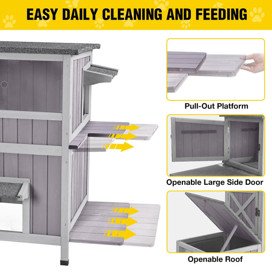 MEDEHOO Outdoor Cat House, Waterproof 2-Story Feral Cat Shelter for Outdoor and Indoor Use, Gray