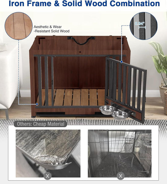 MEDEHOO Dog Crate Furniture, Foldable Wooden Dog Kennel Furniture with 360° Rotating Feeding Bowls, Iron Frame Dog Crate with Deepened Sliding Tray , 39.4" L Brown