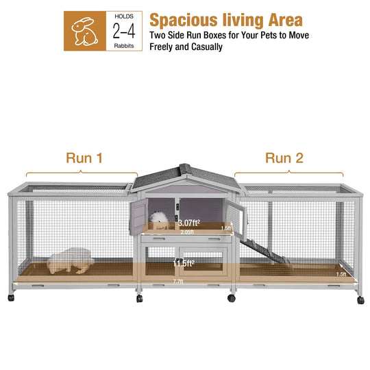 MEDEHOO Rabbit Hutch Guinea Pig Cage with Double Run Indoor Bunny Hutch Outdoor Rabbit House with Deeper No Leak Trays and Wheels AIR65-N