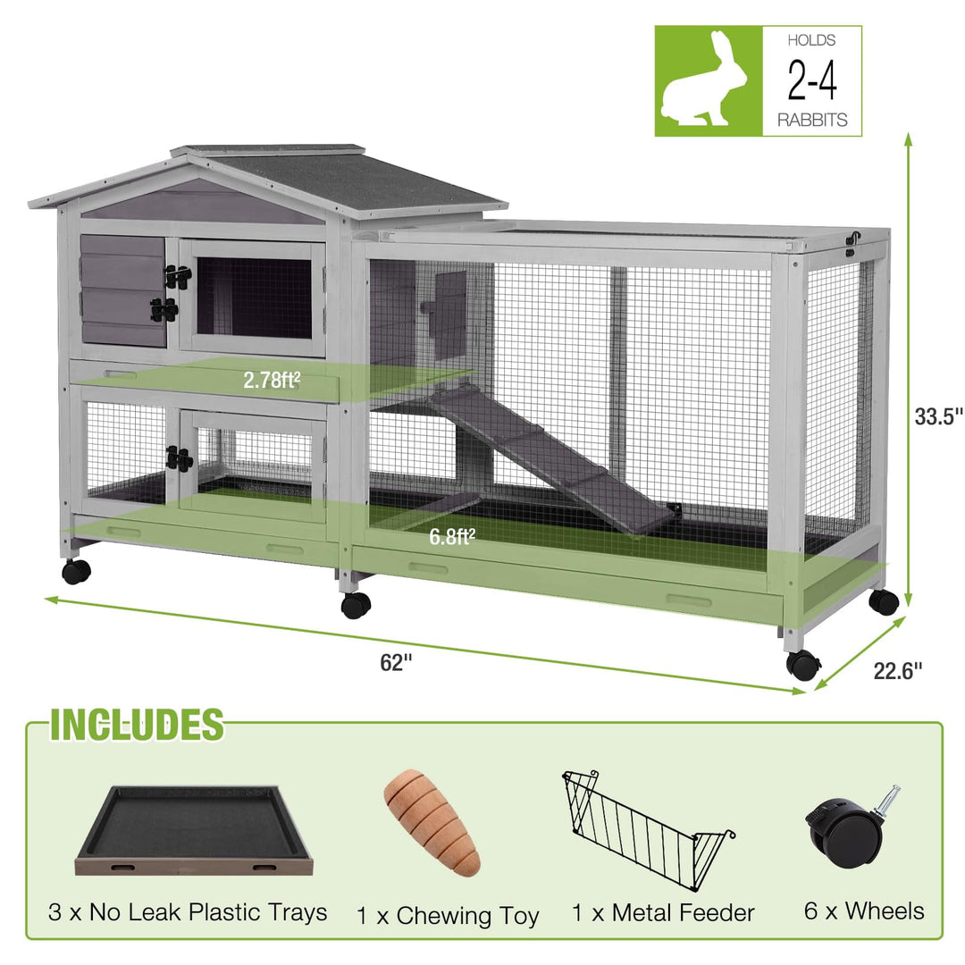 Rabbit Hutch 62" Mobile Bunny Cage Outdoor Indoor on Wheels with 3 Tray BSR199