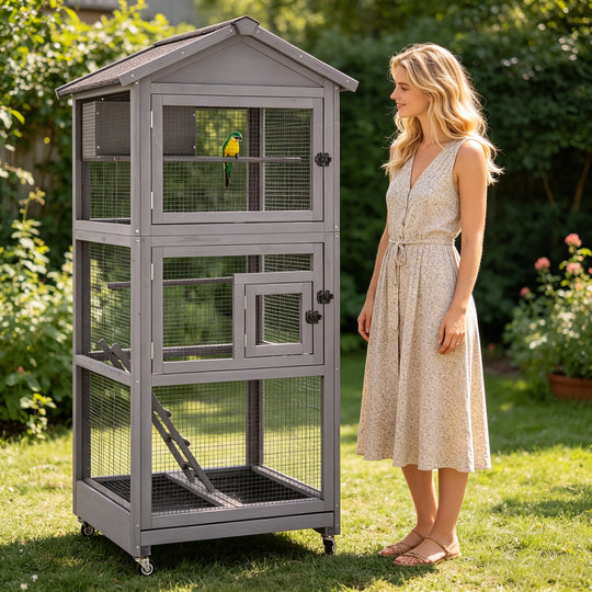MEDEHOO Large Bird Cage Outdoor Wooden Aviary Indoor on Wheels, with Play Stand, Perches, Nest Habitat &amp; Wire Mesh Tray for Easy Cleaning AIR42-G-MB-WM