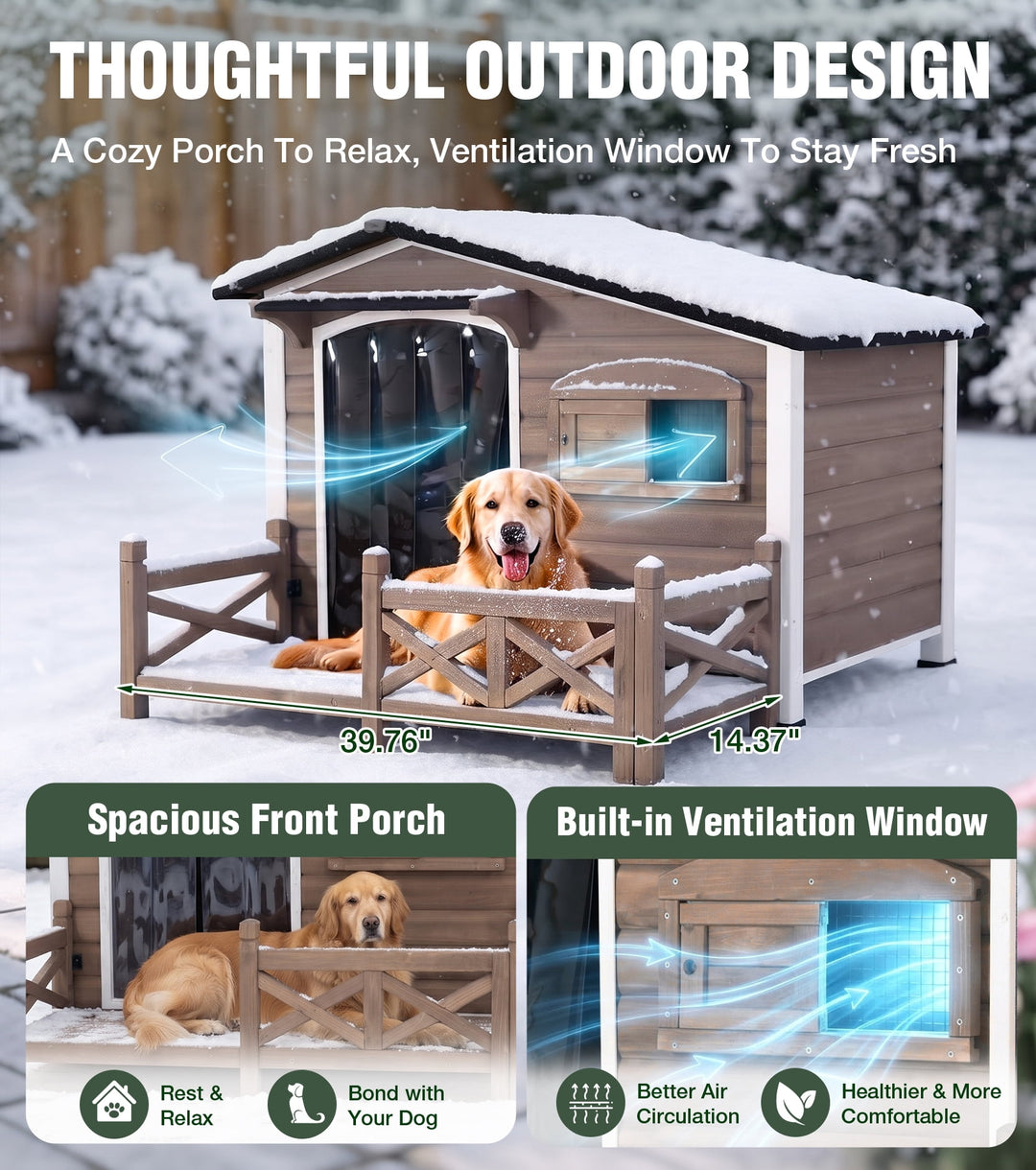 MEDEHOO Heated Dog House Outdoor Dog Wooden Kennel with Safe Heated Pad, Chew-Proof Metal Frame and Insulated Liner Dark Brown AIR7024-B-HP-N-WM