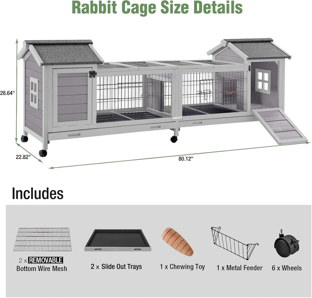 MEDEHOO Rabbit Hutch Indoor Outdoor Bunny Cage Upgrade Large Space for Rabbit,Guinea Pig,Bunny and Other Small Animals,On Wheels Move Easily