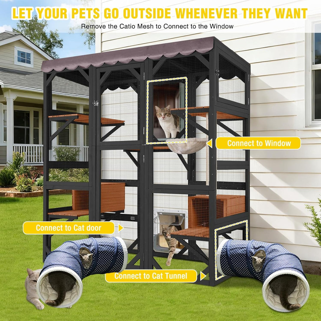 MEDEHOO 70" Large Catio Outdoor Cat Enclosure, Window Catio Wooden Cat House Walk-in Cat Cage with 7 Platforms, Scratch Post, Hammock for 2-6 Cats