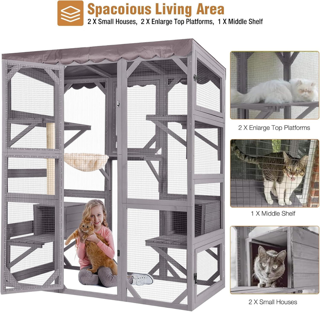 MEDEHOO Large Catio Outdoor Cat Enclosure with Condos, Wood Window Catio Walk in Cat House, Kitty Shelter Indoor with with Door, Platform 70" Gray SKY37-M-WM