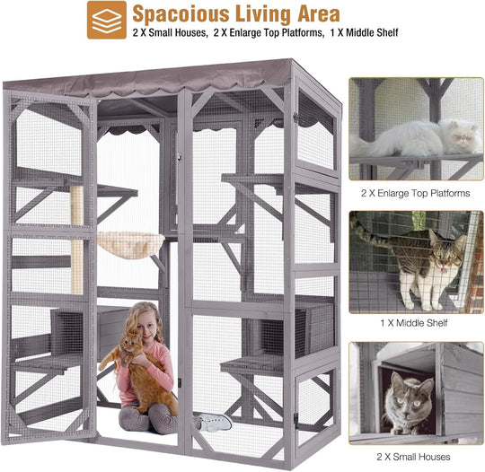 MEDEHOO Large Catio Outdoor Cat Enclosure with Condos, Wood Window Catio Walk in Cat House, Kitty Shelter Indoor with with Door, Platform 70" Gray SKY37-M-WM