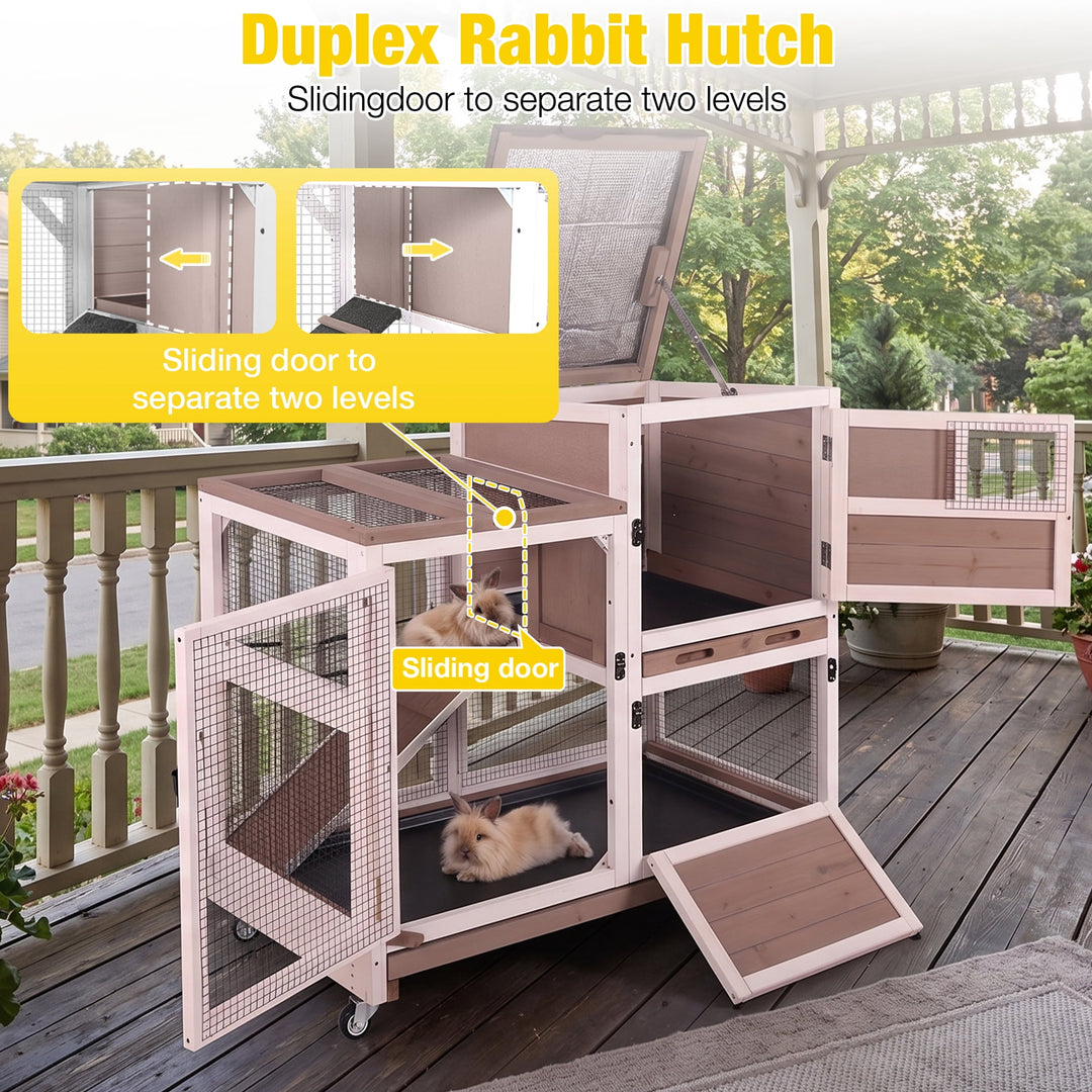 MEDEHOO Rabbit Cage Indoor Outdoor Bunny Hutch on Wheels, 2 Story Wood Guinea Pig Cages with 2 Deeper Pull Out Trays AIR7013-PD