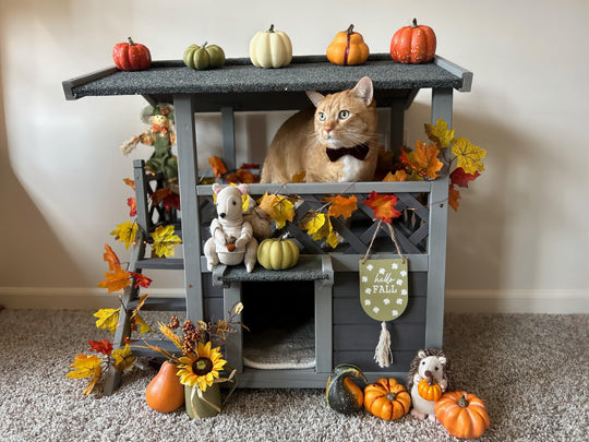 MEDEHOO Wood Cat House with Balcony, Outdoor Indoor Kitty Shelter with Stairs
