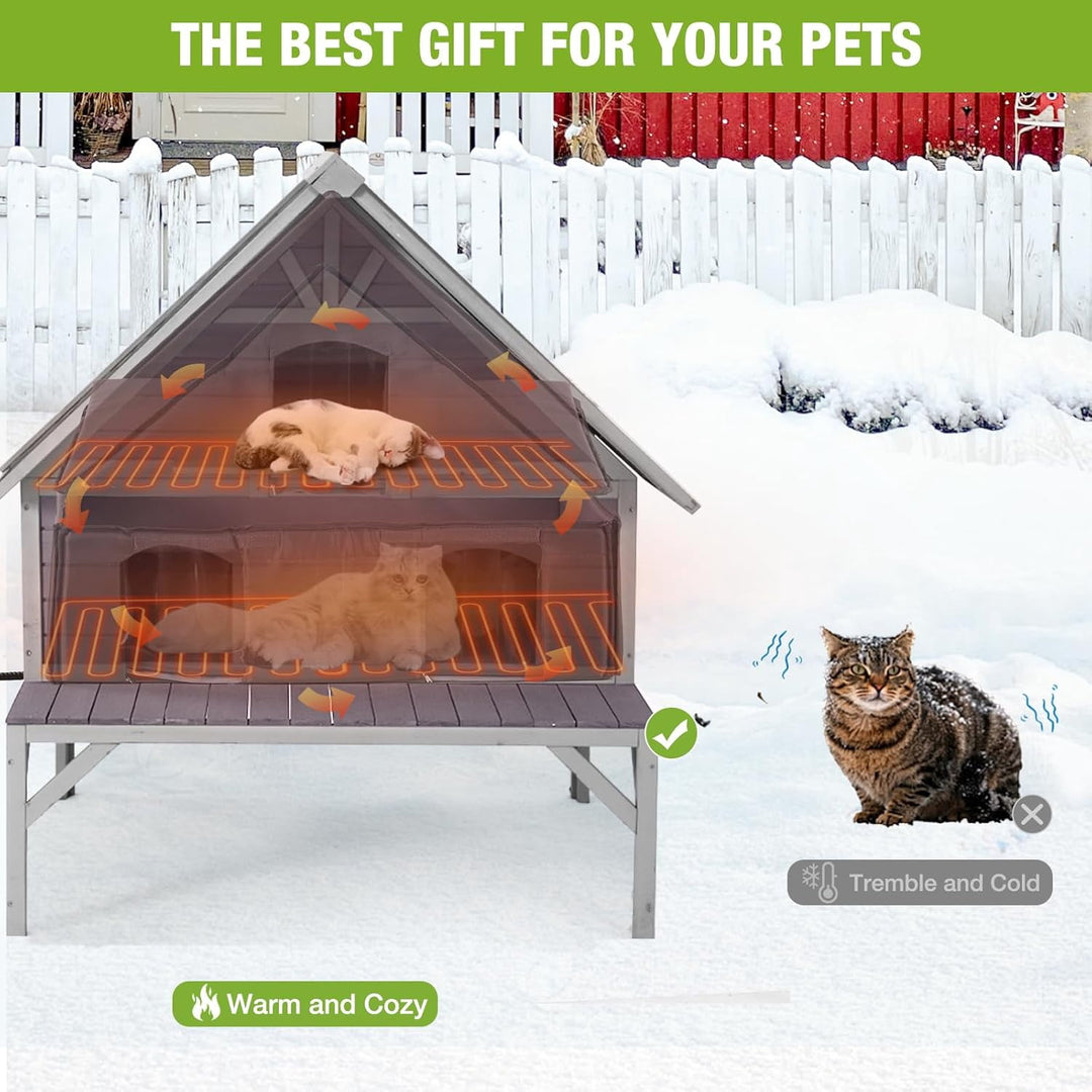 MEDEHOO Heated Cat House 2-Level Large Outdoor Cat House Insulated Weatherproof Feral Cat Shelter with 2 Heating Pads, Insulated All-Round Thermal Liner, Large Porch, 3 Escape Doors for 1-6 Cats