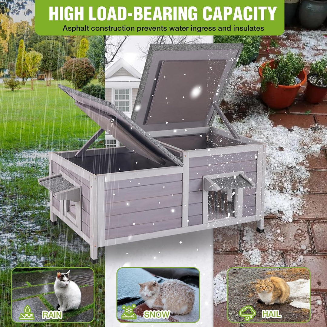 MEDEHOO Large Heated Cat House Outdoor Insulated Cat House 2-Room Weatherproof Outside Shelter with Safety Heating Pad Extra Entrances for 2-3 Cats