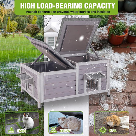 MEDEHOO Large Heated Cat House Outdoor Insulated Cat House 2-Room Weatherproof Outside Shelter with Safety Heating Pad Extra Entrances for 2-3 Cats