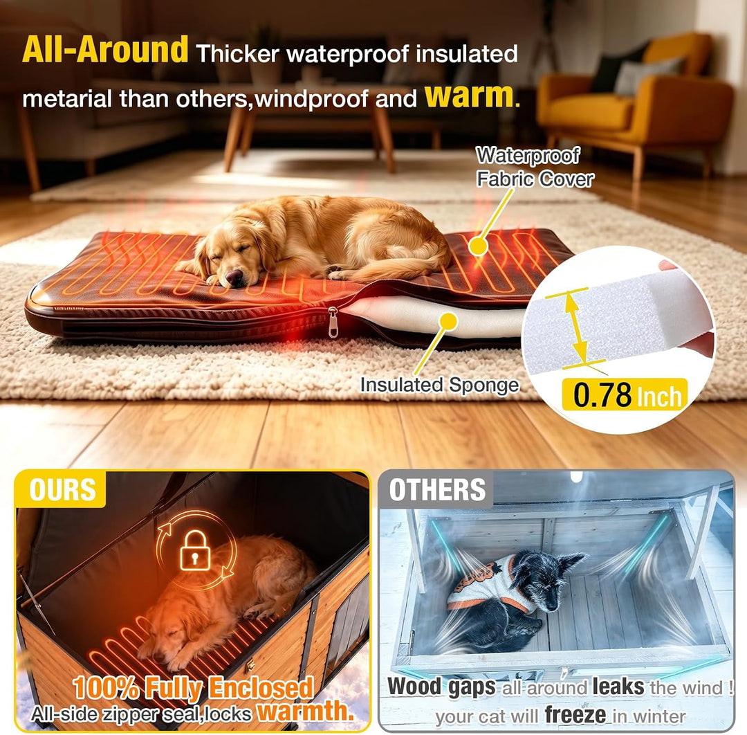 MEDEHOO Extra Large Heated Dog House Outdoor Wooden Dog Kennel 59" Insulated with Heater All-Around Iron Frame