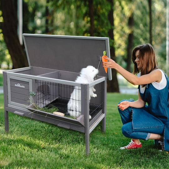 MEDEHOO Rabbit Hutch, Wooden Bunny Cages Indoor with Deeper Leakproof Tray - Upgrade with Metal Wire Pan (Grey, Rabbit Hutch #001-B) Large AIR001-B-WM