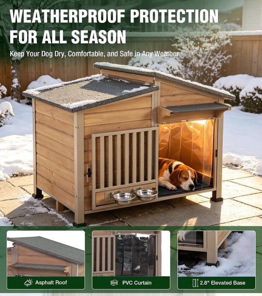 MEDEHOO Heated Dog House Outdoor with Iron Frame and Rotating Bowls Brown reinforced iron frame, safety heating pad, insulated liner, 360° rotating bowls, asphlat waterproof roof, PVC curtain
