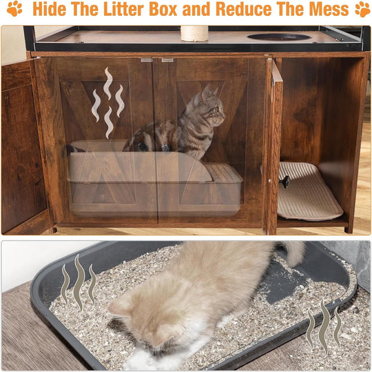 MEDEHOO Cat Litter Box Enclosure,Hidden Litter Box Furniture with Metal Frame,Wooden Kitty House with Barn Door,Wooden Cat Washroom Furniture,Fit Most of Litter Box (Wood, M) AIR102-A111-WM