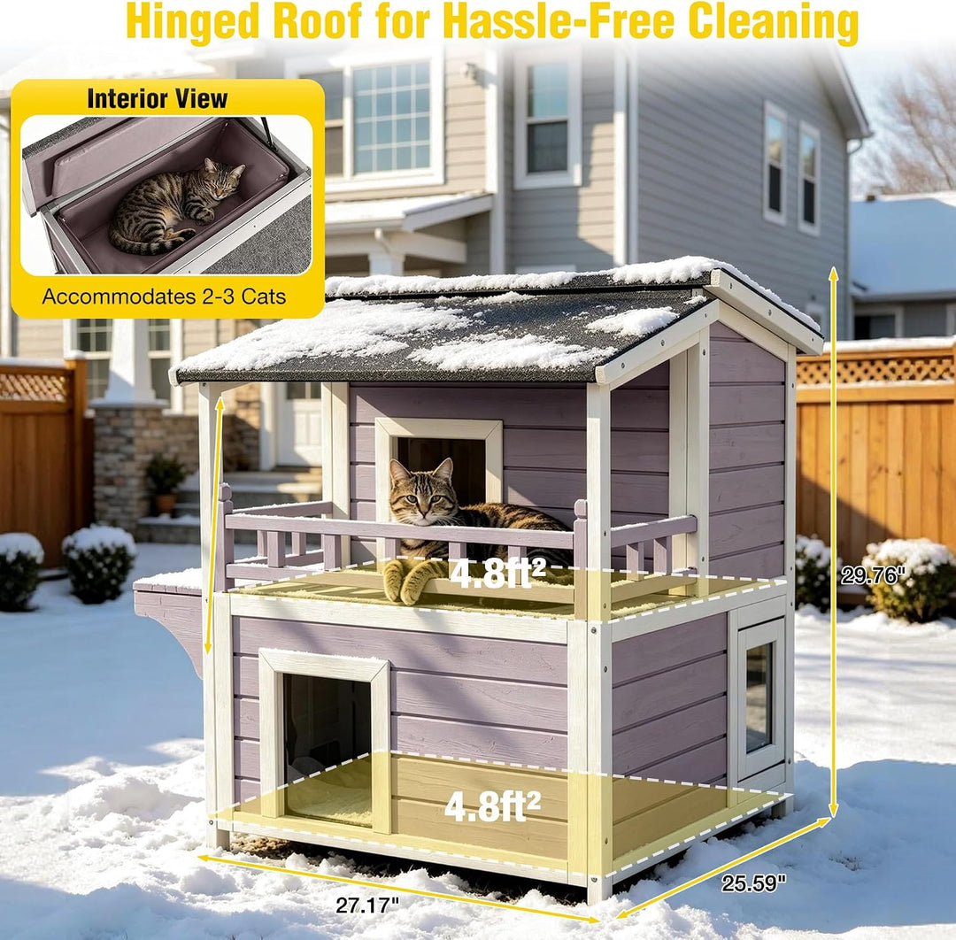 MEDEHOO 2 Story Heated Cat House for Outside Outdoor Cat House Insulated Weatherproof Feral Cat Shelter with Heated Pad, Insulated All-Round Thermal Liner, Chewproof Cable for 1-4 Cats in Winter AIR33-IN-HP-MC-WM