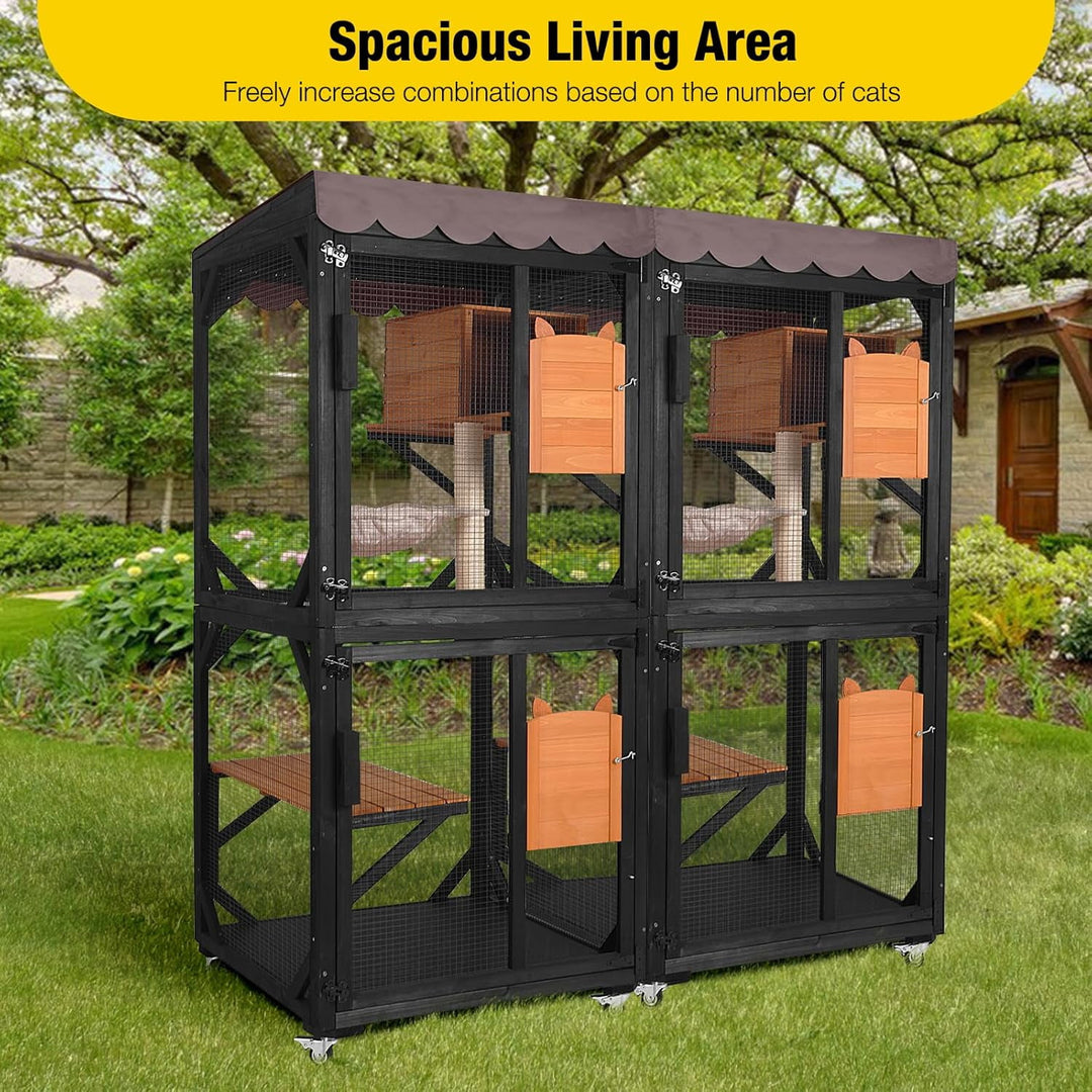 MEDEHOO Outdoor Catio Cat Enclosures on Wheels Cat House 70.9" Large Cat Condon House with Upgraded Resting Box,Waterproof Roof Cover,Brown