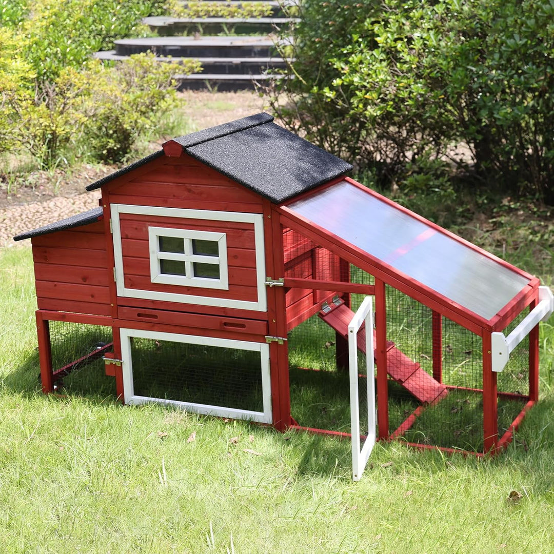 MEDEHOO Chicken Coop Mobile Chicken House On Wheel Outdoor Rabbit Hutch for 2-4 Chickens 67"(Red) AIR023-R2