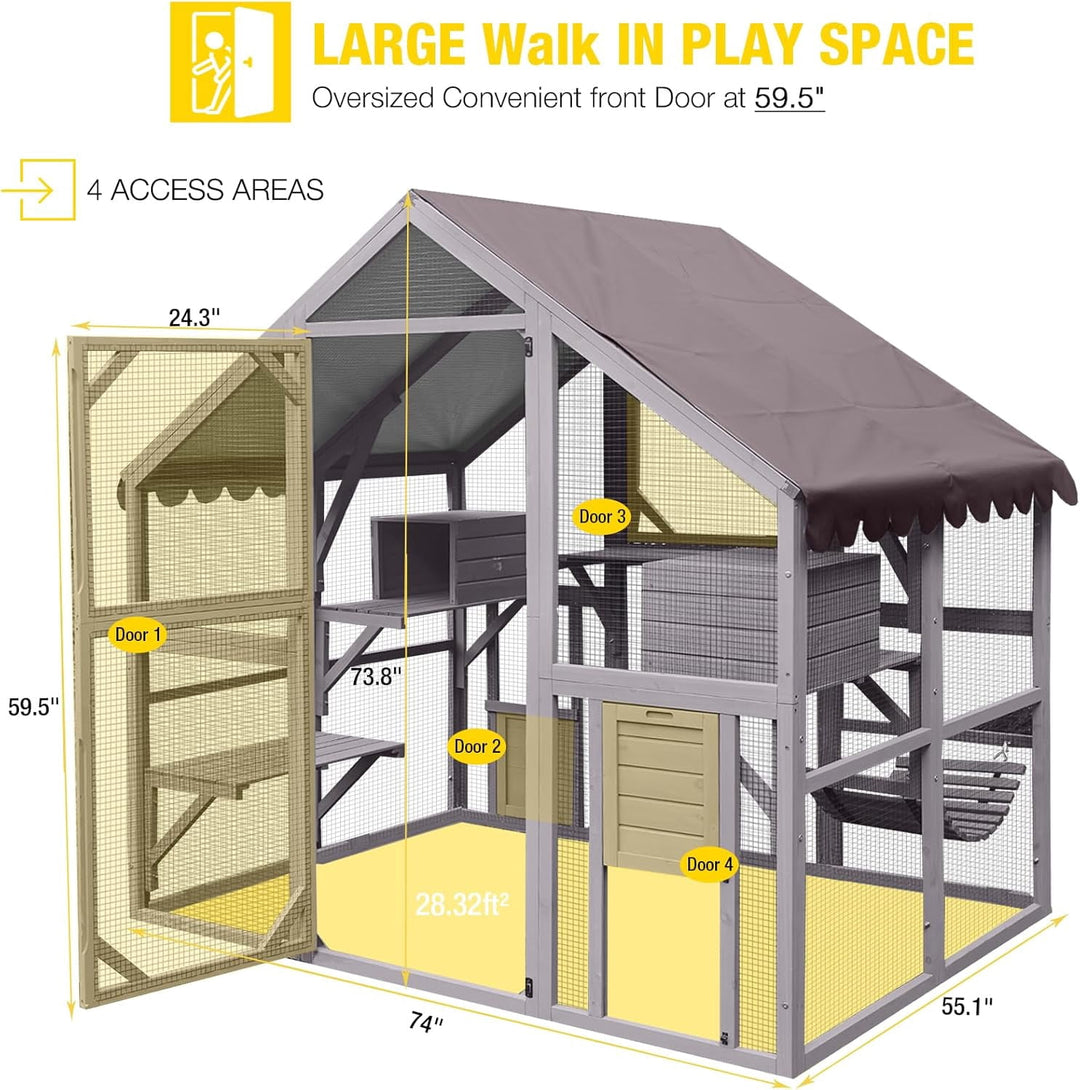 MEDEHOO Extra Large Catio Outdoor Cat Enclosure Window Design for 6-10 Cats, Large Cat Run with Bridges, Walk-in Patio Cat House with 4 Access Doors, Waterproof Roof, 74 Inch