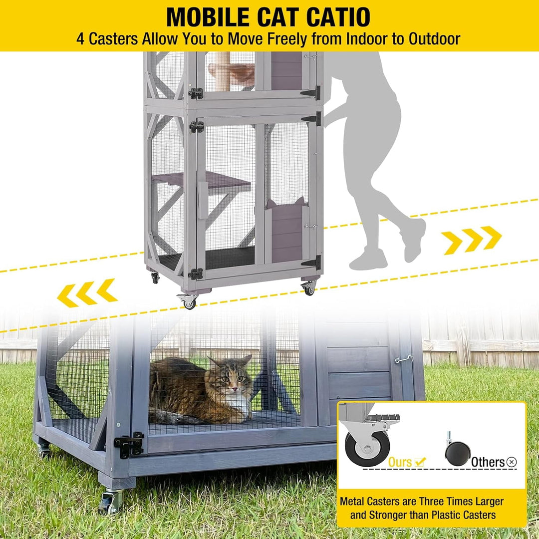 MEDEHOO Catio Outdoor Cat House for Catis Mobile Enclosures on Wheels Large Cat Cage with Waterproof Cover,Resting House,62.8