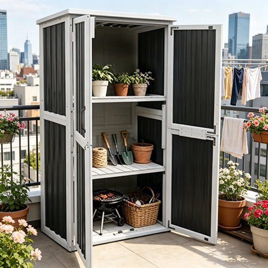 MEDEHOO Outdoor Tool Cabinet, Heavy Duty Wood &amp; Metal Frame Garden Storage Shed, Rustproof &amp; Anti-Breakage for Tools &amp; Equipment (Dark Black) JIR7012-P-WM
