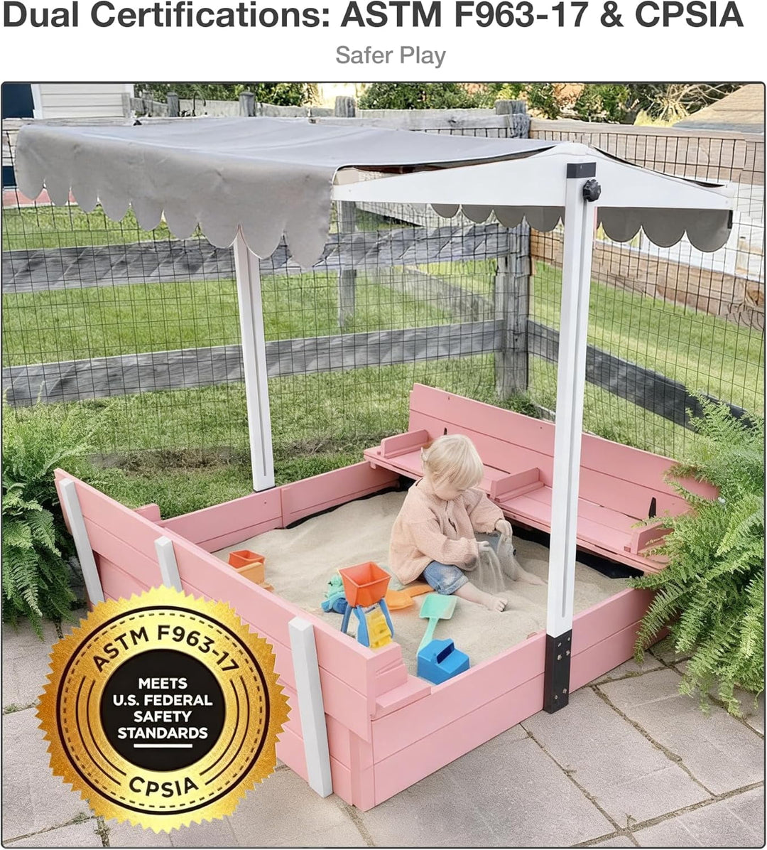 MEDEHOO Sandbox with Lid and Cover, Outdoor Sand Box for Kids with 360° Adjustable Canopy, 2 Foldable Bench Seats &amp; Sand Leak-Proof Liner GUT05-P-4-AD-WM
