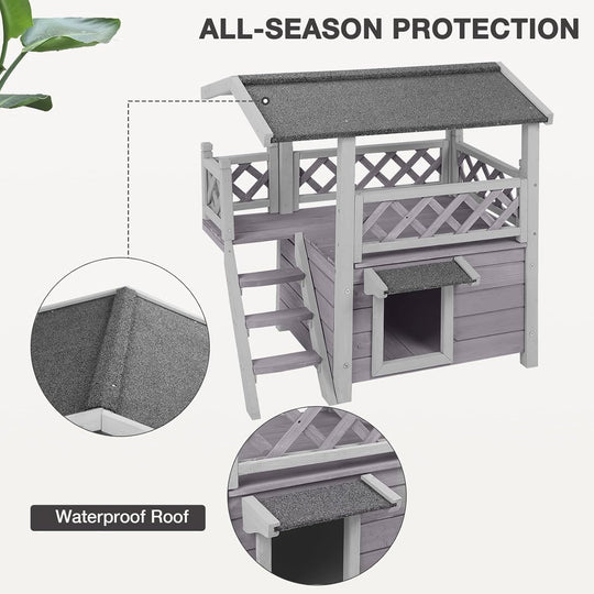 BUTINGLALE Cat House Outdoor Indoor Feral Cat Shelter Wooden Kitty House with Stairs, Balcony＆Weatherproof Roof AIR09-B-Q