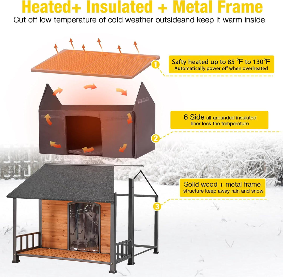 MEDEHOO Heated Outdoor Dog House for Winter, Large Wooden Dog Kennel with Heated Pad, Insulated Liner, Metal Frame, Waterproof Roof, Raised Base and Porch for Medium to Large Dogs