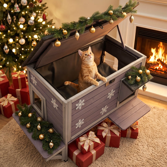 MEDEHOO Large Heated Cat House Outdoor with Heating Pad &amp; Insulated Liner, Weatherproof Feral Stray Cat Shelter for Outside, All-Round Thermal Liner