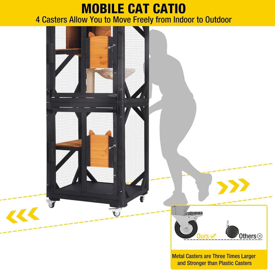 MEDEHOO Window Catio Outdoor Cat Enclosure Mobile Kitty Shelter on Wheels Pet Cage with Resting Box, Hammocks, Waterproof Cover AIR22-M-B-WM