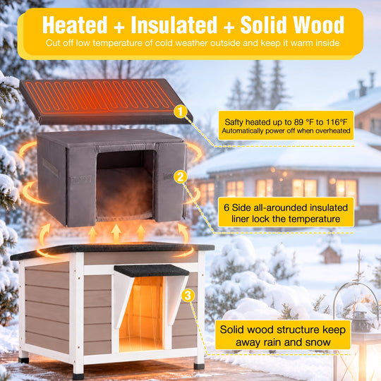 MEDEHOO Heated Outdoor Cat House for Winter, 23.6" Insulated Wooden Feral Cat Shelter with Thermostatic Heating Pad, Raised Feet and Door Curtain AIR12-WB-HP-GE-WM
