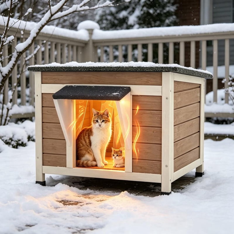 MEDEHOO Outdoor Heated Cat House with Heated Pad &amp; Insulated Liner, Weatherproof Insulated Feral Cat Shelter for Winter, Brown