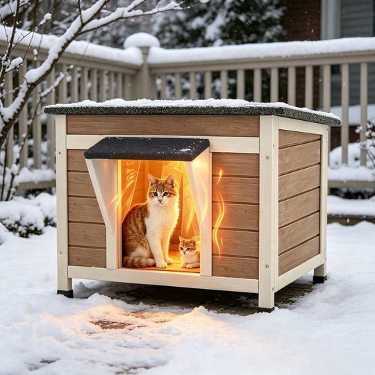 MEDEHOO Outdoor Heated Cat House with Heated Pad &amp; Insulated Liner, Weatherproof Insulated Feral Cat Shelter for Winter, Brown