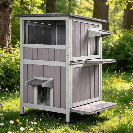 MEDEHOO Outdoor Cat House, Upgraded Larger Size Weatherproof Feral Cat Shelter, Wooden Cat Condo with Escape Doors for Winter Protection
