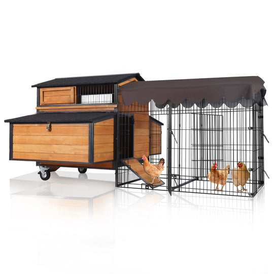 MEDEHOO Mobile Chicken Coop on Wheels for 6–8 Chickens, Chicken Coop with Metal Run &amp; 6 Nesting Boxes, All-Around Metal Frame Large Chicken Hen House, 76.7" L