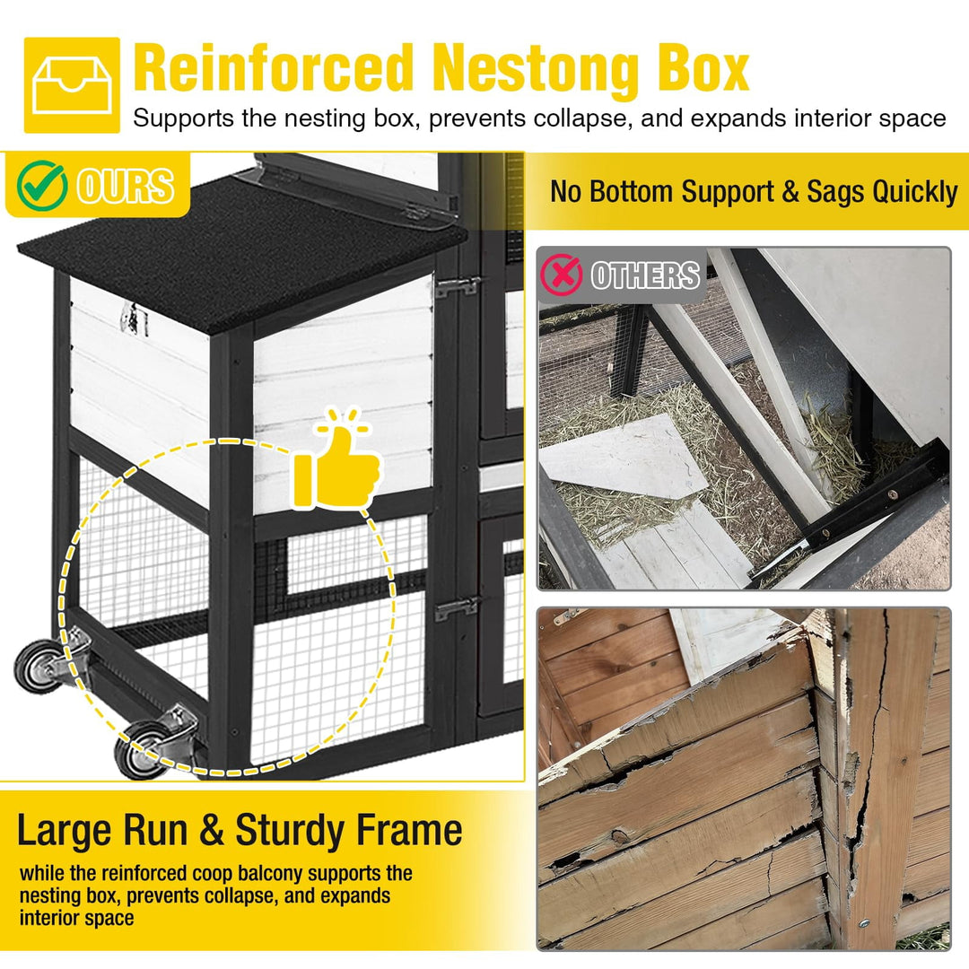 MEDEHOO Mobile Chicken Coop with Wheels for 4-6 Chickens, Backyard Expandable Chicken House Duck Cage with Run, 2 Nesting Boxes, Pull-Out Tray, Weatherproof Asphalt Roof, Black