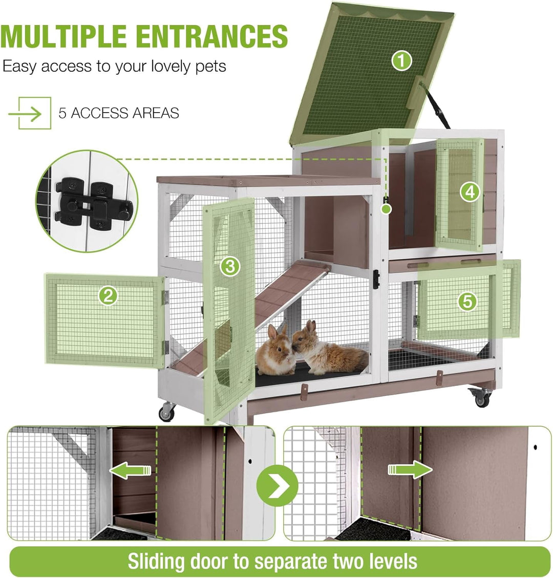 2-Story Rabbit Hutch Bunny Cage with Leak-Proof Trays &amp; Chew-Proof Ramp - Indoor/Outdoor 39.3" Wooden Rabbit Cage with Wheels (Brown)