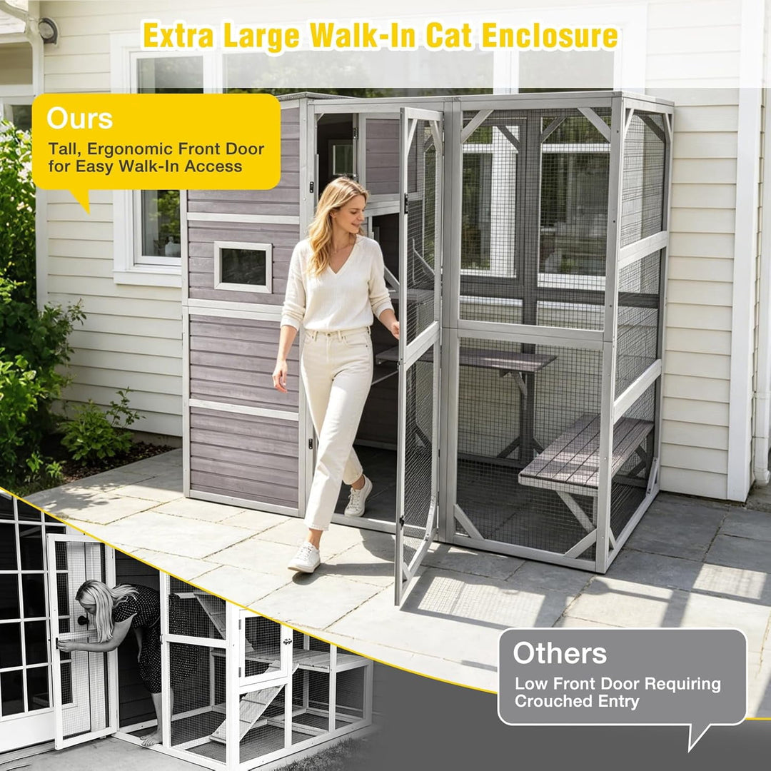 Catio Cat Enclosure Large Window Cat House for Outdoor Cats, 69.3" H Walk-in Kitty Cage Cat House with Weatherproof Roof, 3 Resting Rooms, 3 Platforms &amp; Windows - Grey AIR54-M