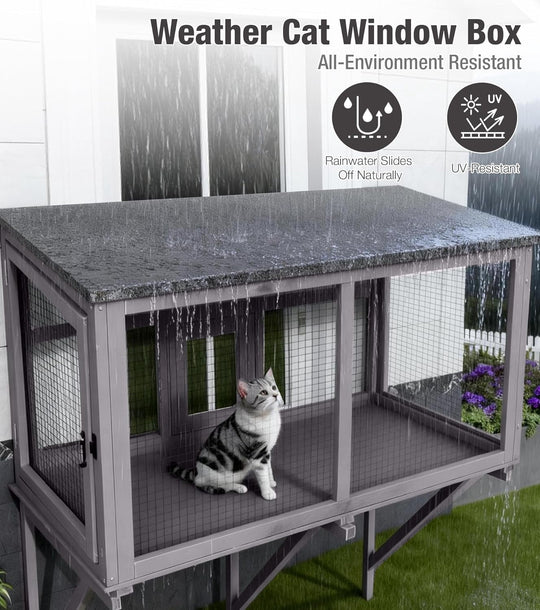 MEDEHOO Cat Window Box, Window Catio Outdoor Cat Enclosure - Weatherproof &amp; UV-Resistant Wooden Catio with 360° Unobstructed View, Mosquito-Proof Design