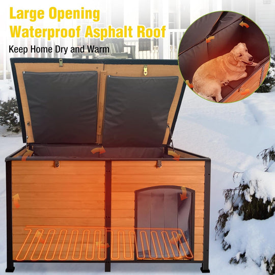 MEDEHOO Heated Dog House Outdoor Extra Large 59" Dog Kennel with Insulation Liner Strong Iron Frame Construction Pet Cage with Insulted Liner Keep Warm in Winter Weatherproof Design, Heater Include AIR63-HP-WM