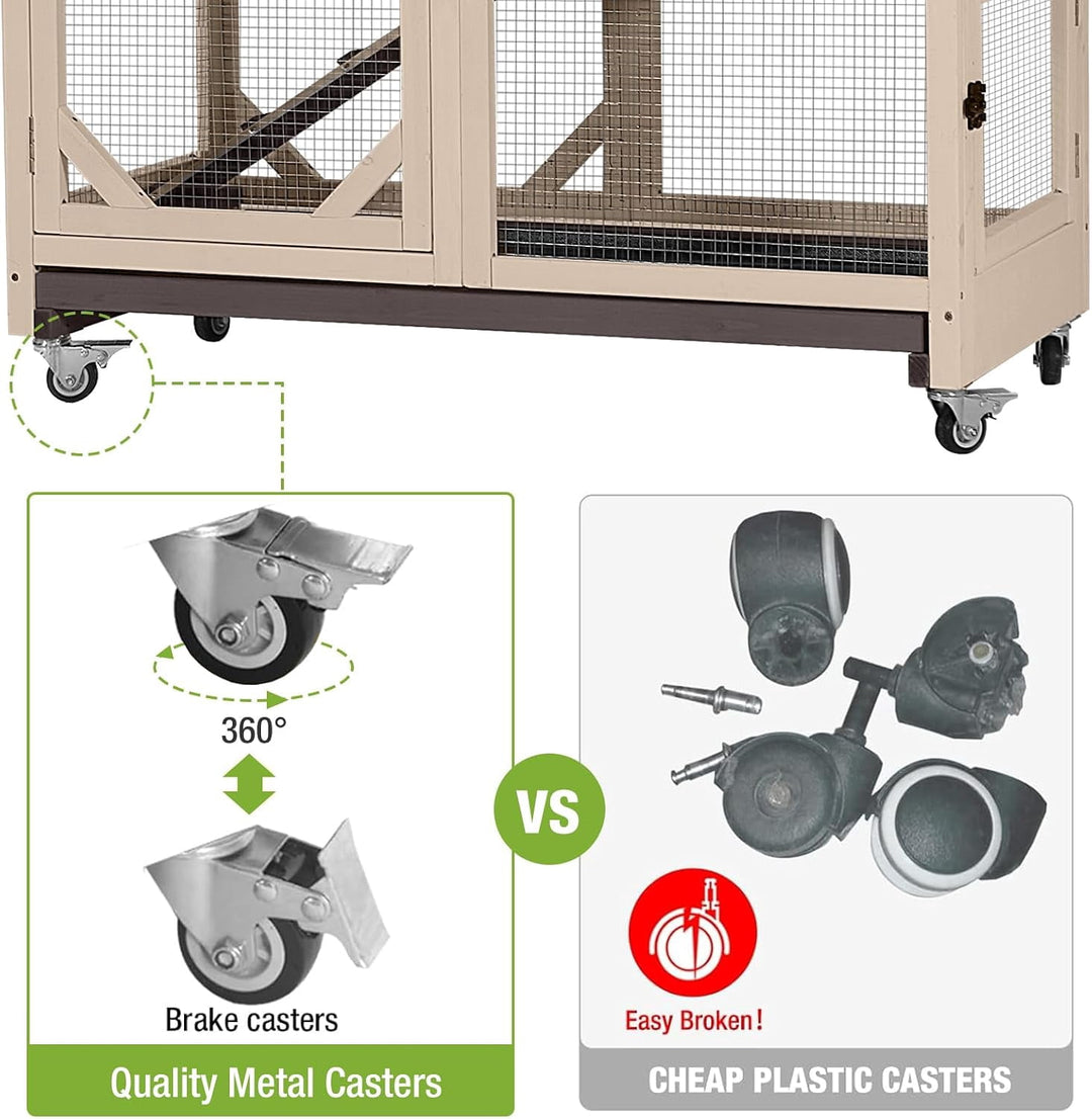 MEDEHOO Rabbit Hutch Indoor Mobile Bunny Cage with Run Wooden 2 Story Guinea Pig Cage Outdoor for Small Animals with Wheels,Two Deeper No Leak Trays(Brown) XZ7001-00J-WM